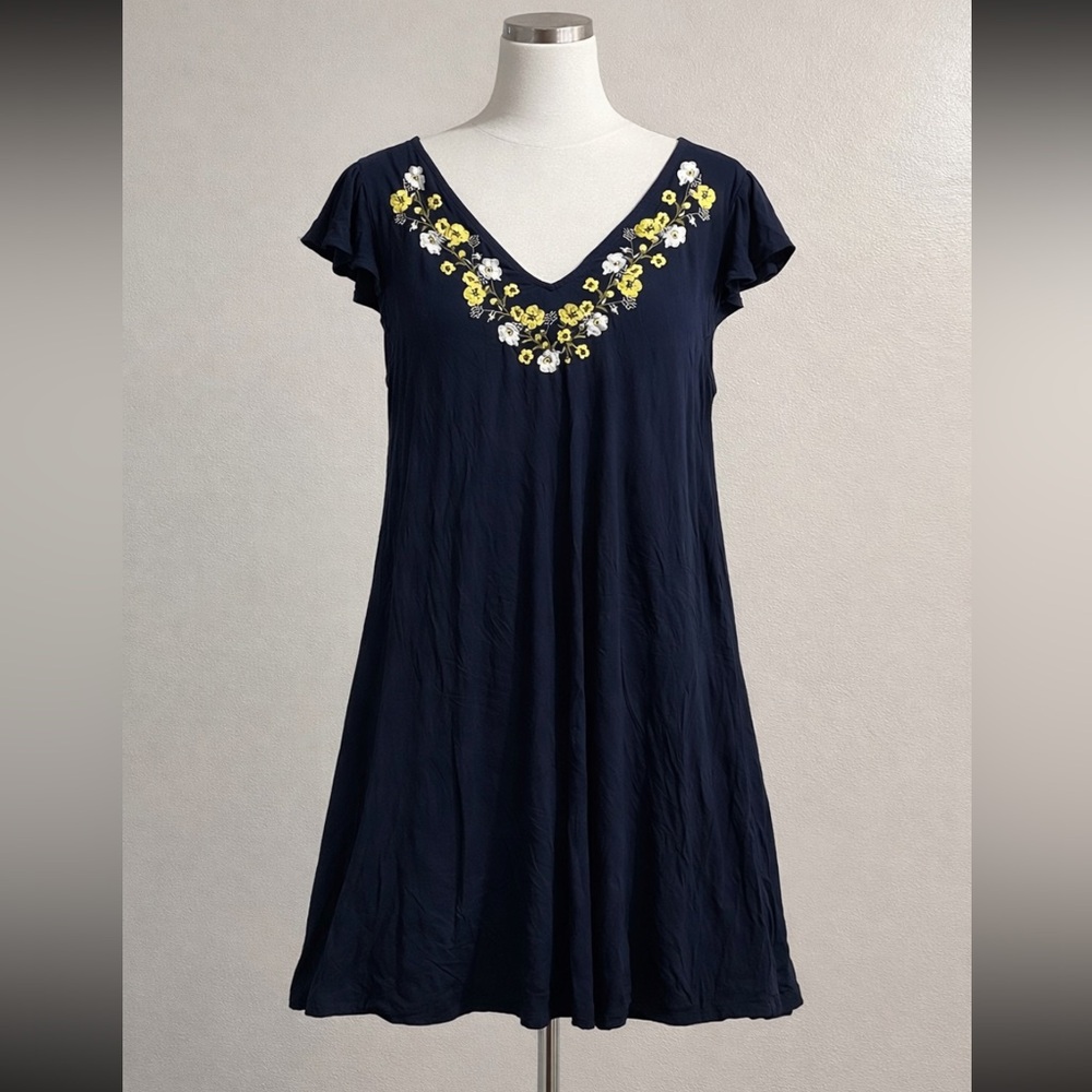 LOFT Navy Dress with Yellow & White Floral Embroidery